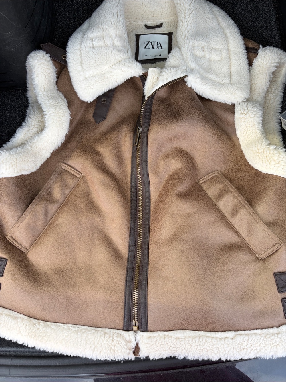 ZARA Brown Faux-Shearling Lined Ladies Vest with Cream Trim